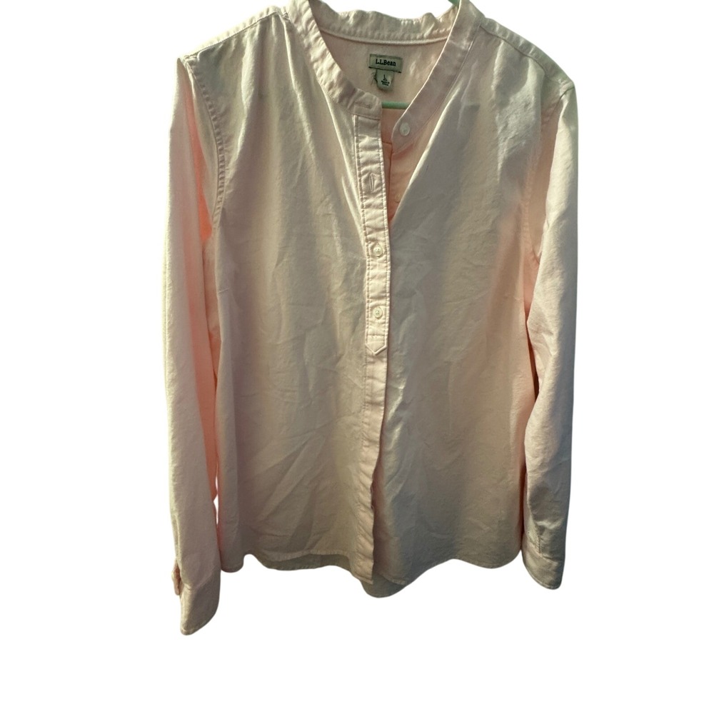 LL Bean Womens Pink Oxford Mandarin Collar Popover Long Sleeve Shirt Size L